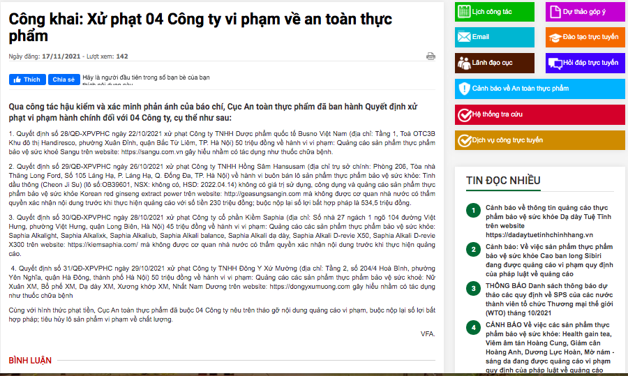 Công ty cổ phần Kiềm Saphia bị xử phạt vì quảng cáo TPCN khi chưa được phê duyệt nội dung